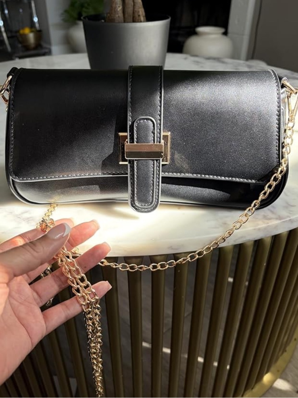 Black Shoulder Bag with Gold Hardware
